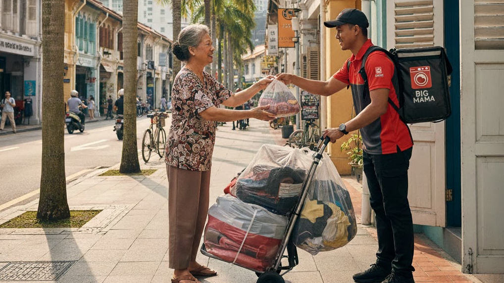 Rider collecting laundry from a customer’s home in Singapore